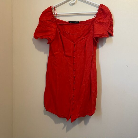 Zara Dresses & Skirts - ZARA Woman Red Puff Sleeve Button Front Mini Dress - Size L